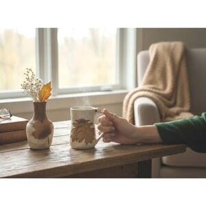Studio Pottery Leaf Mug & Bud Vase Signed PRP Beige Speckle